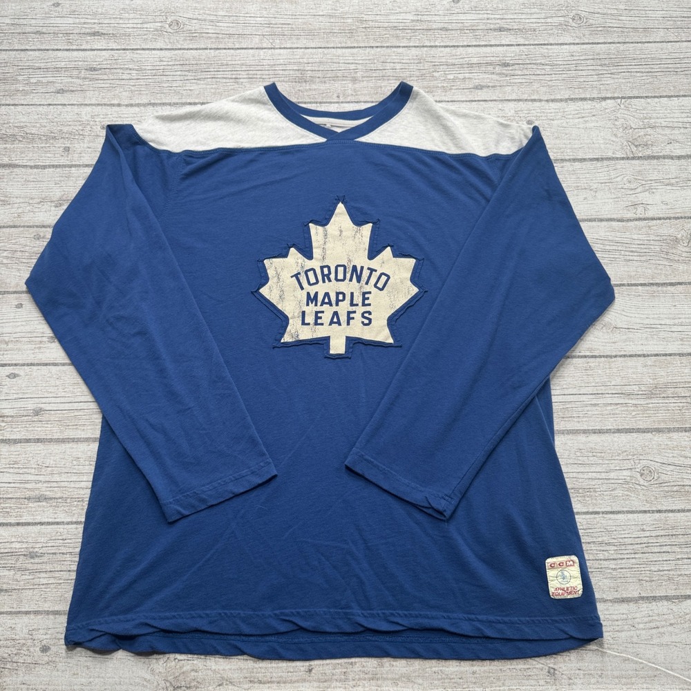 Vintage CCM Toronto Maple Leafs Shirt Mens XL Blue Long Sleeve NHL Hockey Sporty